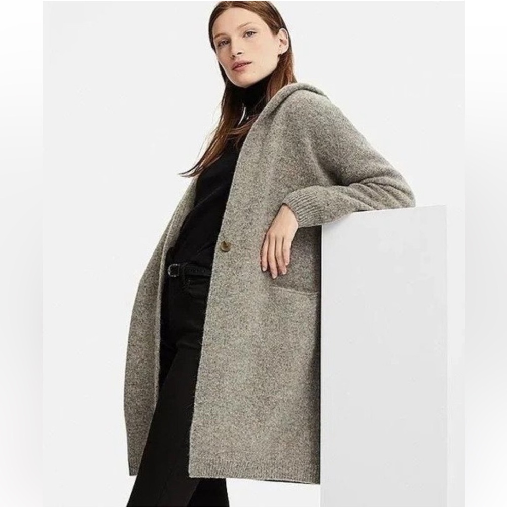 (SOLD) Uniqlo 100% Wool Oversized Gray Long Cardigan Coat with Hoodie